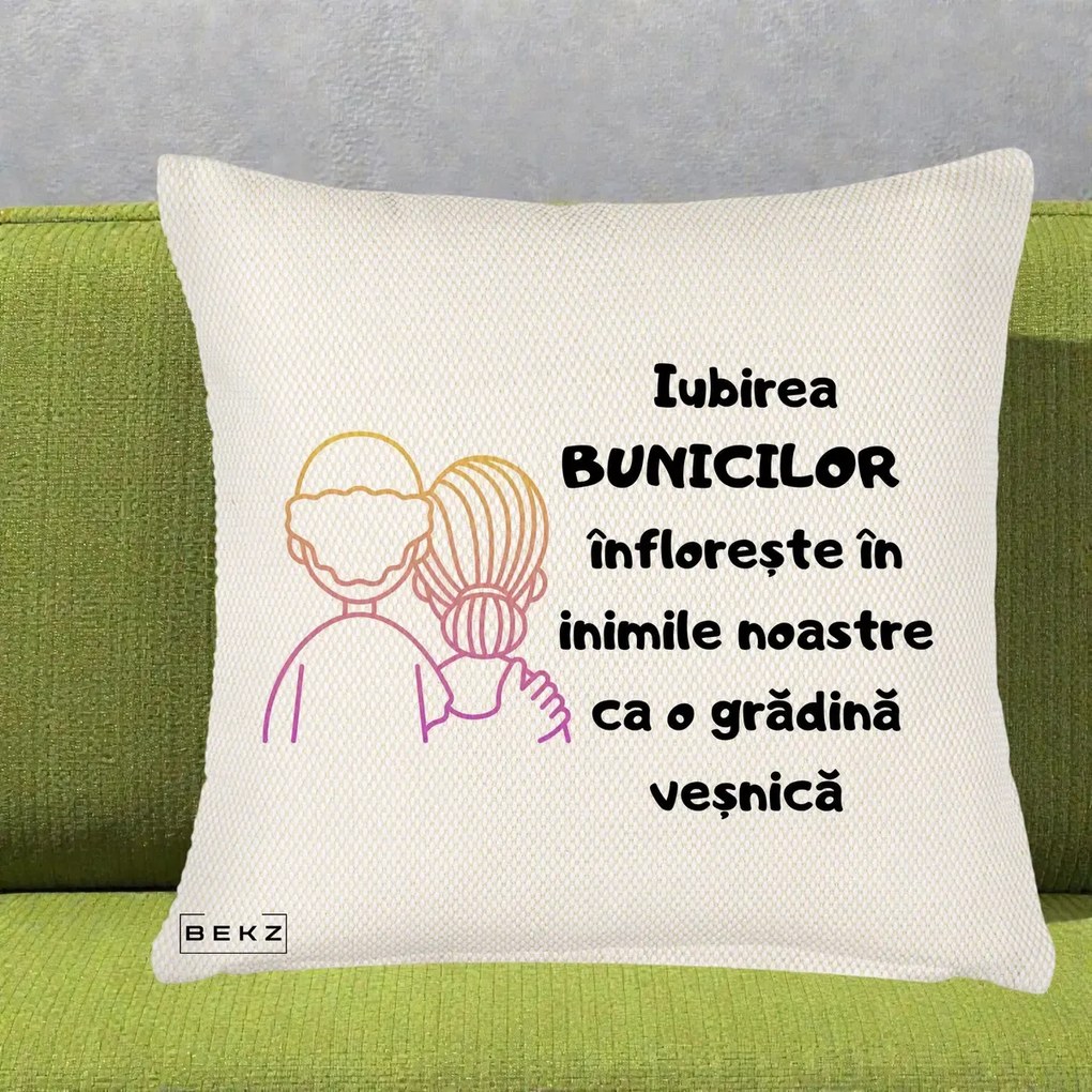 Cadou pentru Bunici - Perna Personalizata Iubirea Bunicilor Infloreste Cuplu Line Art Gradient, 40x40 cm, Crem Reliefat, Husa Detasabila, Perna Inclusa, BEKZ®