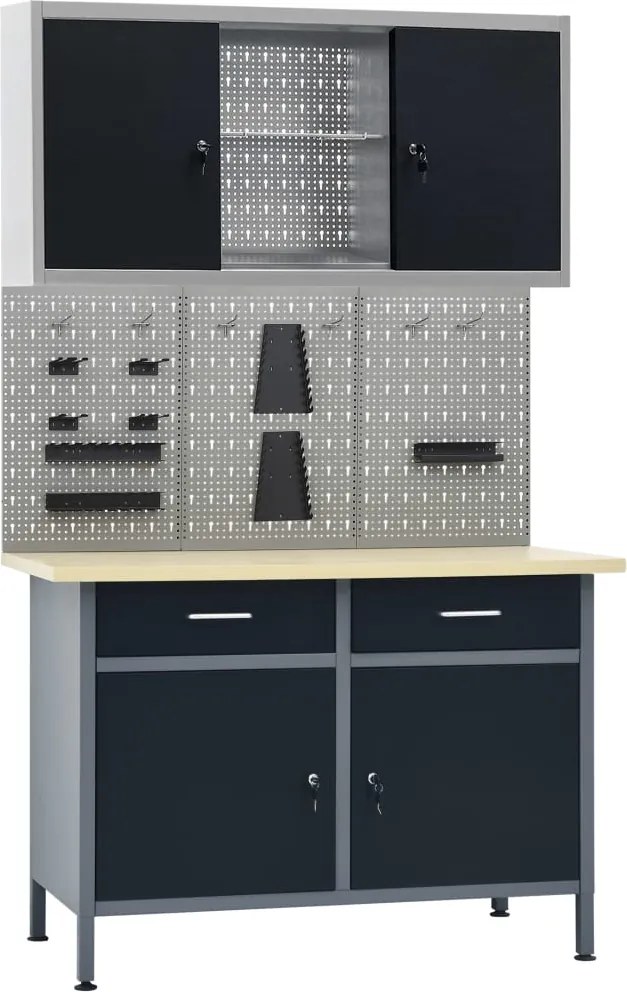 vidaXL Banc de lucru cu trei panouri de perete și un dulap