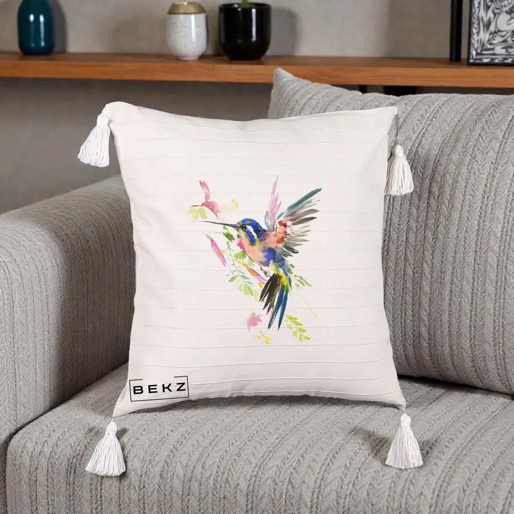 Perna Decorativa Colibri Acuarela, 40x40 cm, Bej cu Franjuri, Husa Detasabila, Perna Inclusa, BEKZ®