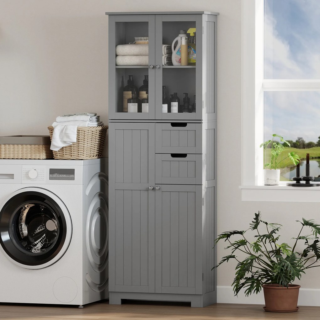 HOMCOM Dulap înalt pentru baie, mobilier de depozitare cu 4 uși dintre care 2 vitrate, 2 sertare și polițe reglabile, alb | Aosom Romania