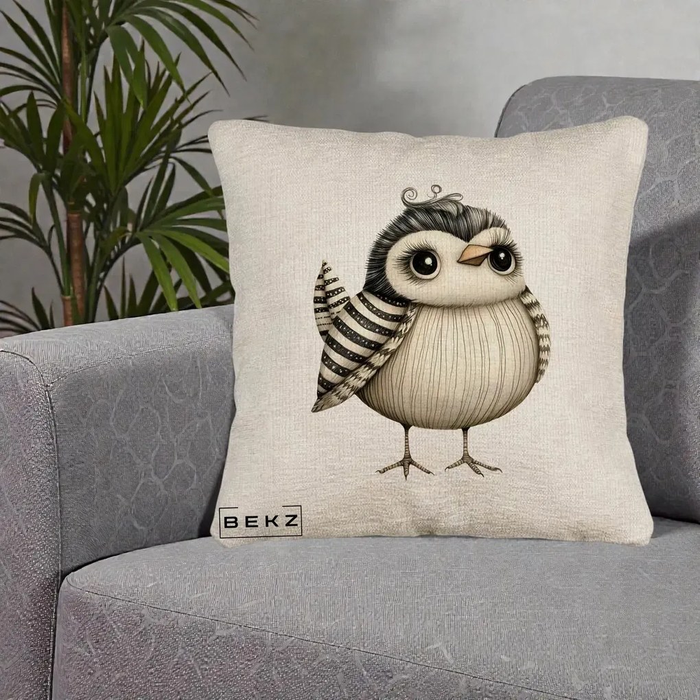 Perna Decorativa Pui Elegant Alb-Negru, 40x40 cm, Bej Canapea, Husa Detasabila, Perna Inclusa, BEKZ®