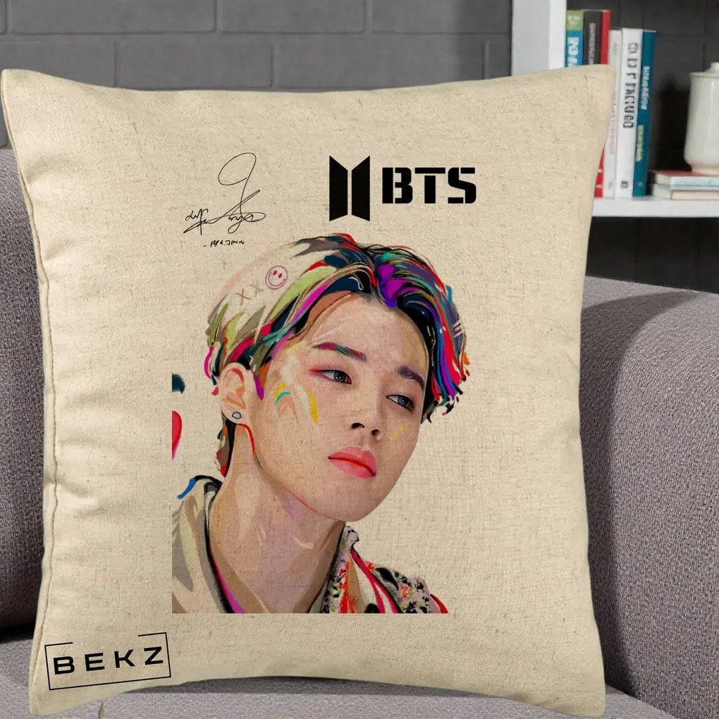 Perna personalizata K-pop BTS Jimin Portret Artistic Multicolor, 40x40 cm cu Umplutura, Bej, BEKZ