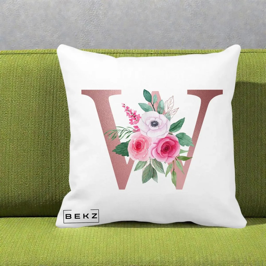 Cadou Personalizat - Perna Personalizata Monograma Rose Gold Litera W cu Trandafiri si Anemona, 40x40 cm, Alba Mata, Husa Detasabila, Perna Inclusa, BEKZ®