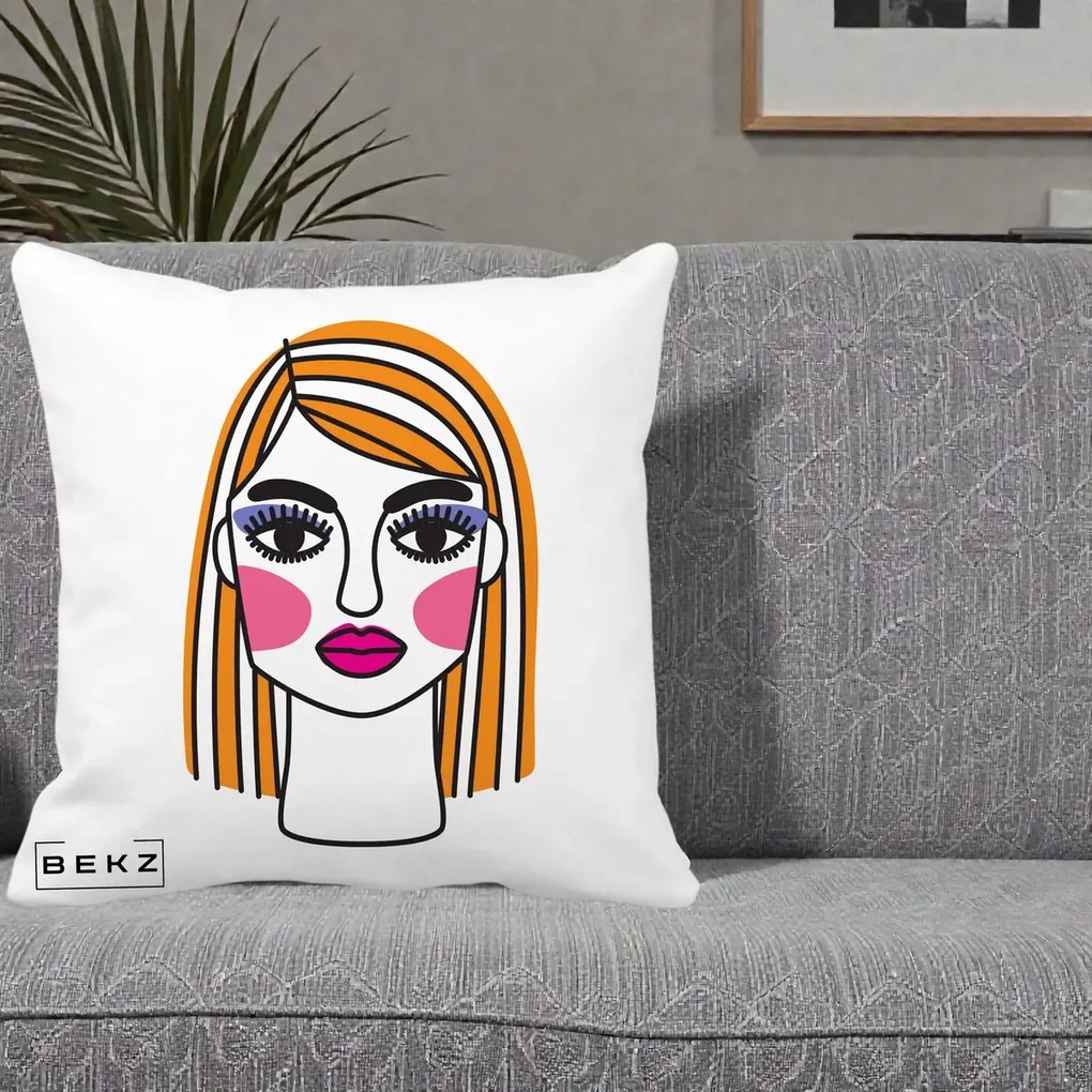Perna Decorativa Portret Pop Art Fata, 40x40 cm, Alba Mata, Husa Detasabila, Perna Inclusa, BEKZ®