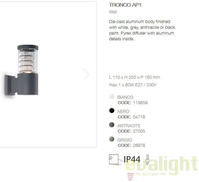 Aplica de perete iluminat exterior IP44 TRONCO AP1 NERO 004716