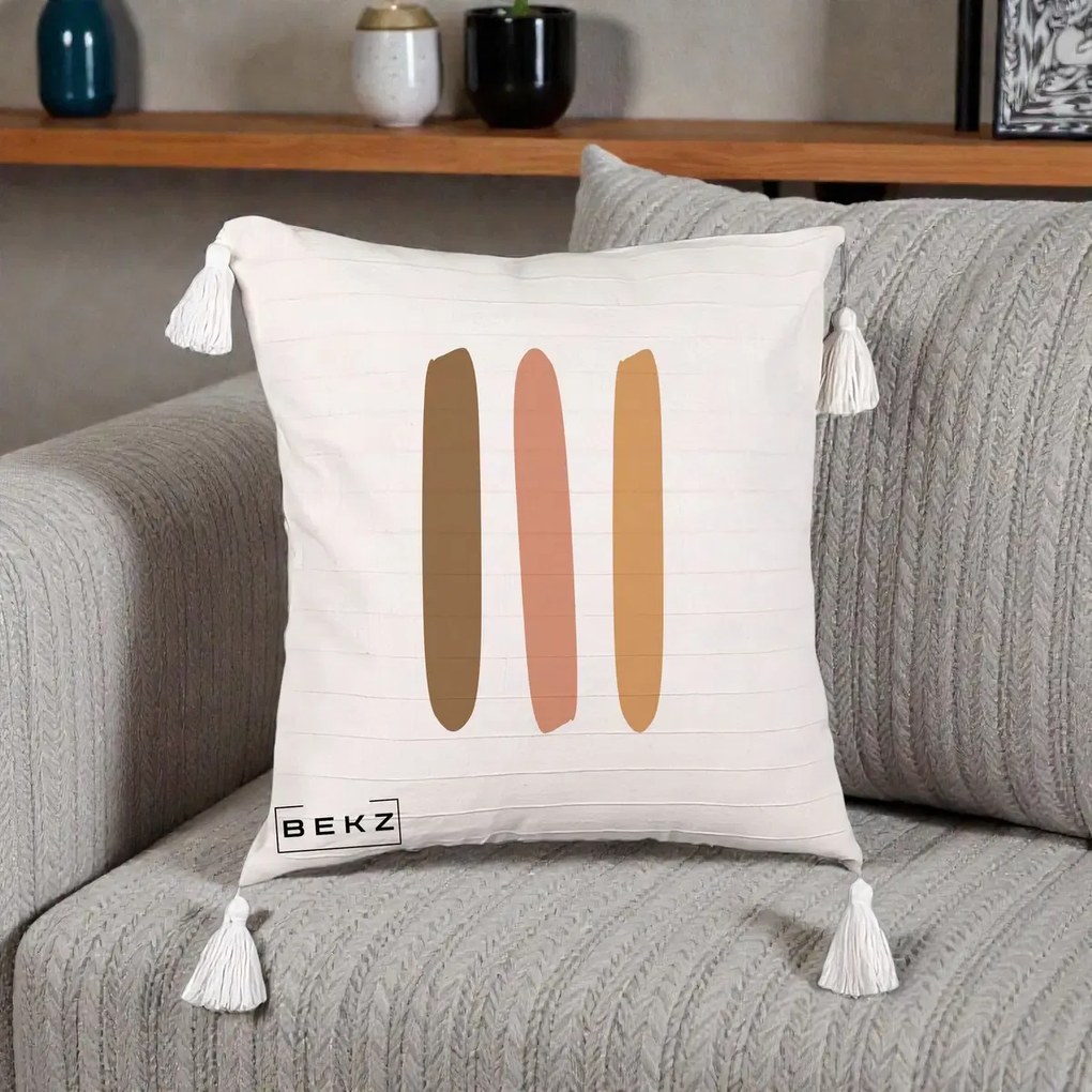 Perna Decorativa Abstract Linii Terracotta, 40x40 cm, Bej cu Franjuri, Husa Detasabila, Perna Inclusa, BEKZ®