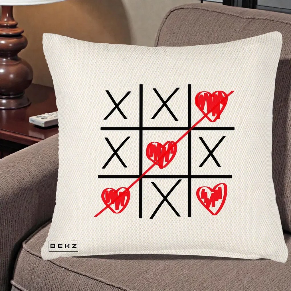 Cadou Romantic - Perna Personalizata Love Joc X si Inima cu Castigator Iubire, 40x40 cm, Crem Reliefat, Husa Detasabila, Perna Inclusa, BEKZ®