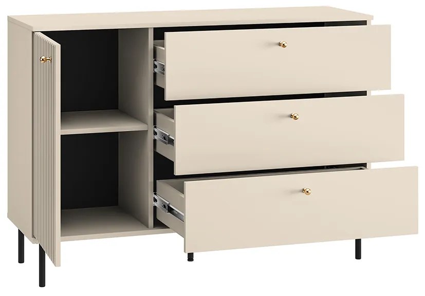 Comoda living  dormitor hol cu 3 sertare si 1 usa , casmir mdf casmir cu model , 120x85x40 cm, canturi abs, cu rafturi, picioare negre butoni auriu