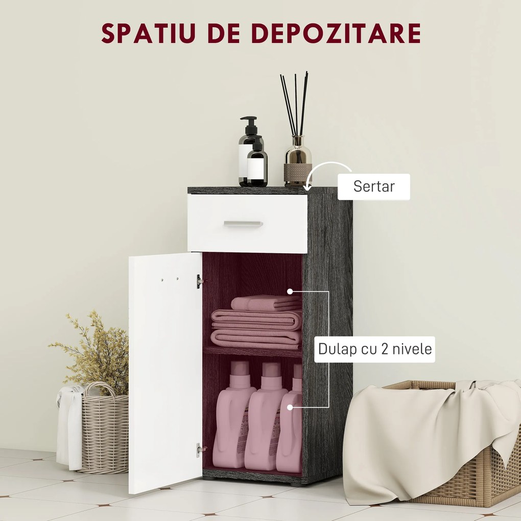 kleankin Dulap Baie din Lemn cu Sertar și Rafturi, Design Alb și Negru | Aosom Romania