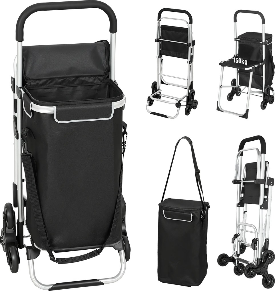 HOMCOM Cărucior de Cumpărături cu Geantă Impermeabilă de 40L, 46x59.5x97 cm, Negru și Argintiu | Aosom Romania