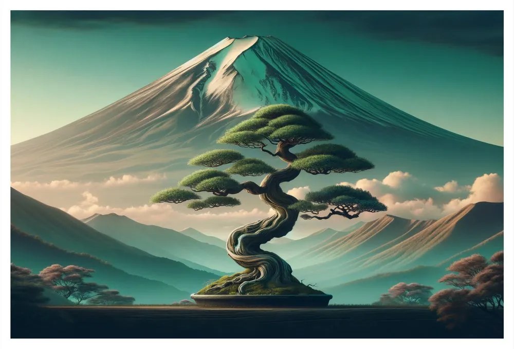 Tablou bonsai și munte în stil japonez