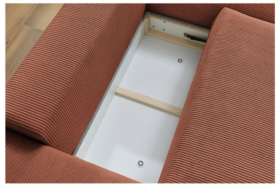 Colțar teracotă extensibil/cu spațiu de depozitare cu tapițerie din catifea reiată Voltaire – Bobochic Paris