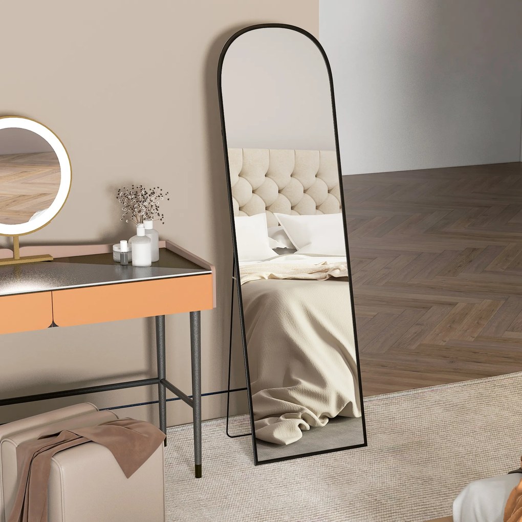 HOMCOM Oglindă de Podea și Perete Modernă din Aliaj de Aluminiu cu Suport Pliabil, 50x170 cm, Neagră | Aosom Romania