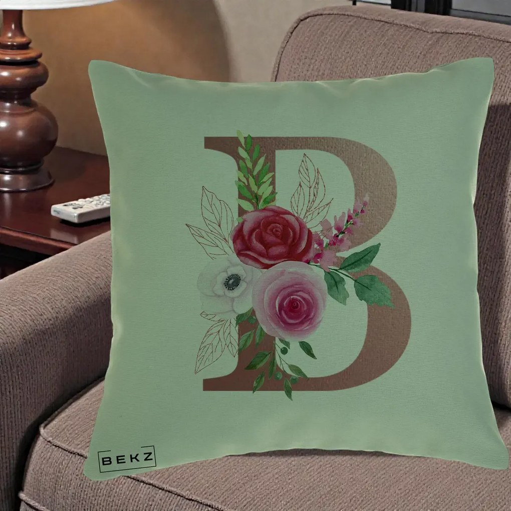 Cadou Personalizat - Perna Personalizata Monograma Rose Gold Litera B, 40x40 cm, Verde, Husa Detasabila, Perna Inclusa, BEKZ®
