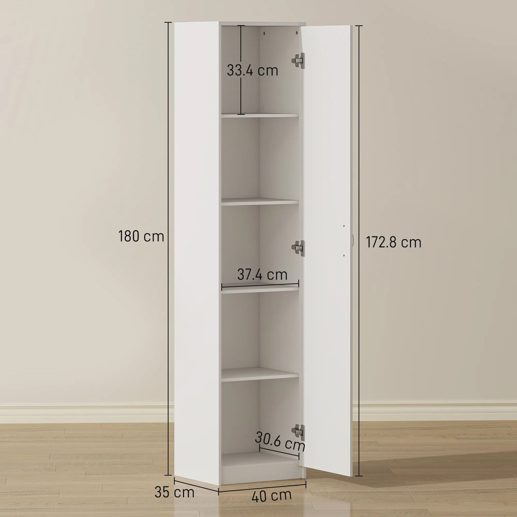 HOMCOM Dulap de Bucătărie Înalt Slim 180 cm, Mobilier cu 5 Rafturi și Ușă Soft Close, Anti-Răsturnare, Rafturi Reglabile, Mobilier Modern pentru Bucătărie, Alb | Aosom Romania