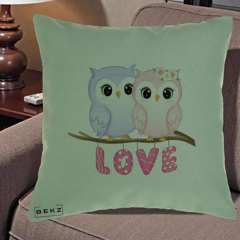 Perna Decorativa Love Bufnite Indragostite pe Crenguta Roz si Mov, 40x40 cm, Verde, Husa Detasabila, Perna Inclusa, BEKZ®