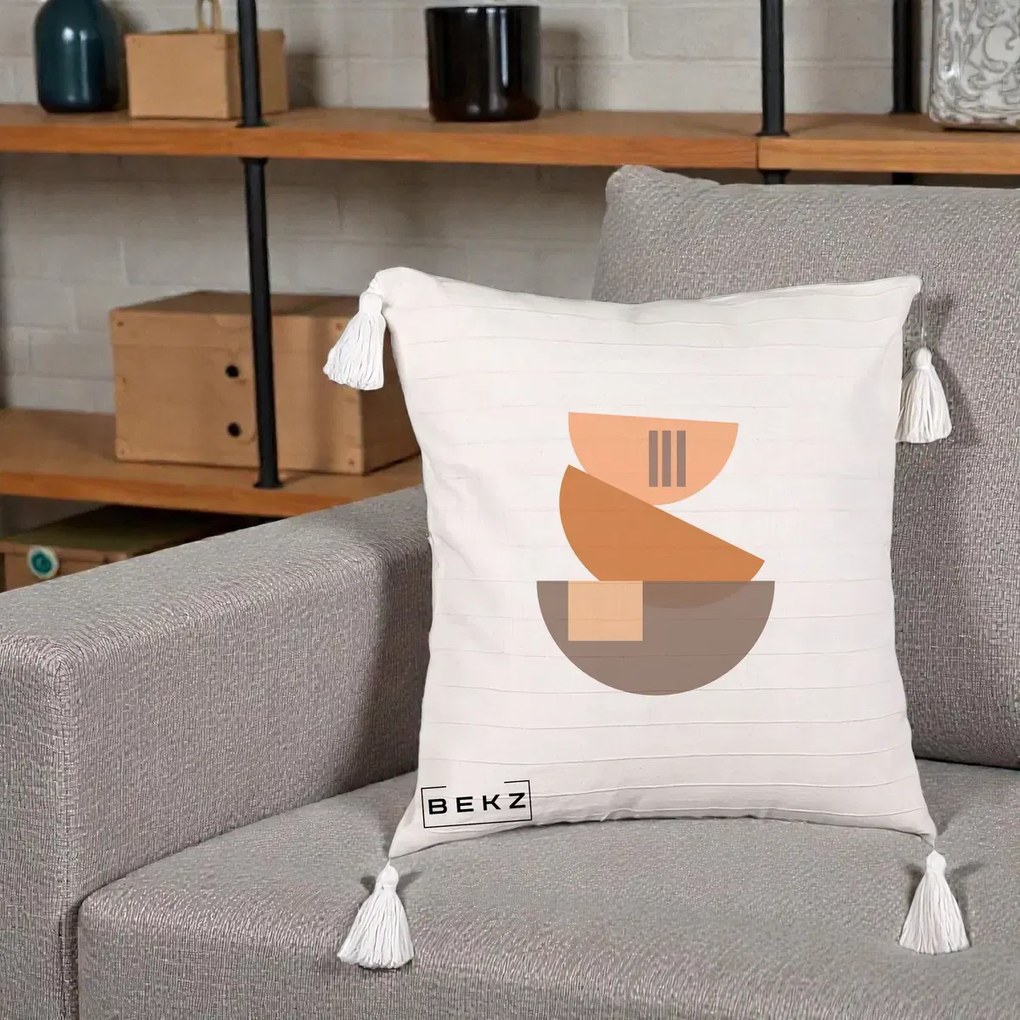 Perna Decorativa Geometric Bauhaus Boluri Portocaliu, 40x40 cm, Bej cu Franjuri, Husa Detasabila, Perna Inclusa, BEKZ®