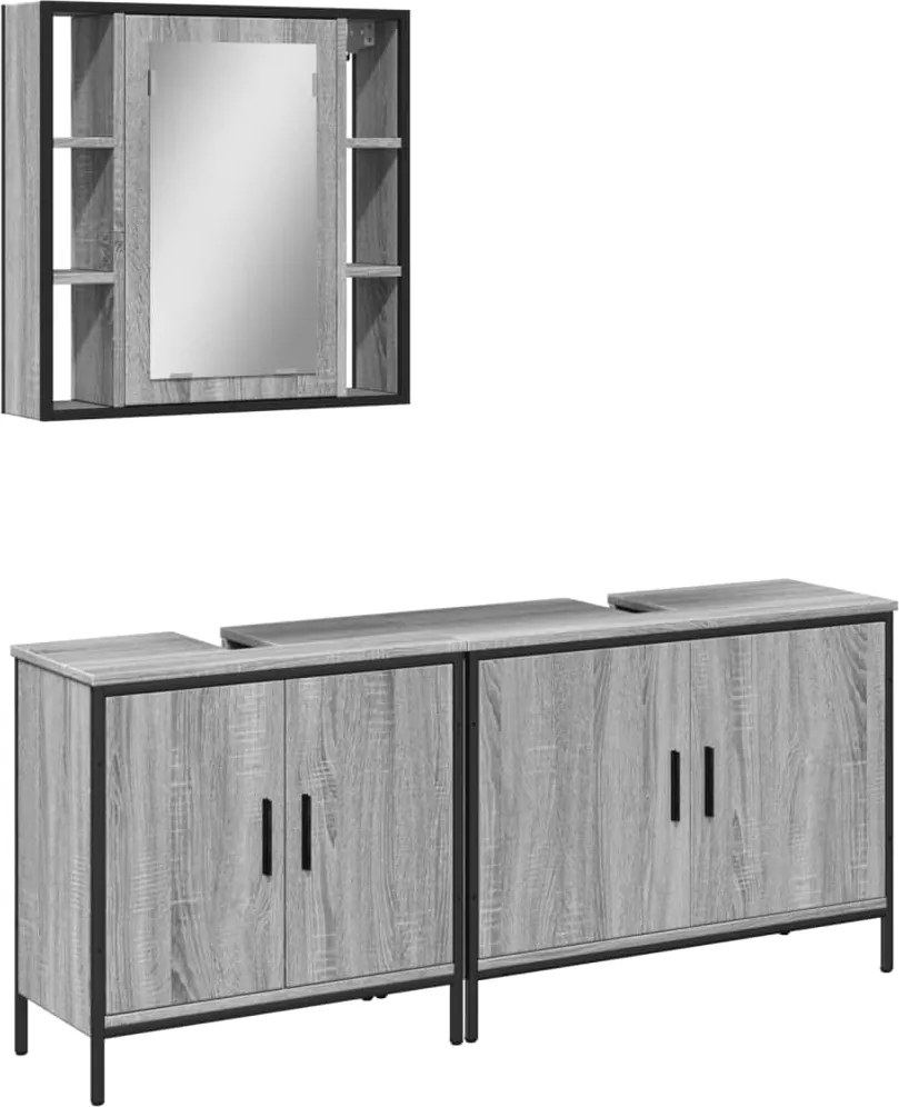 vidaXL Set dulapuri de baie, 3 piese, gri sonoma, lemn prelucrat