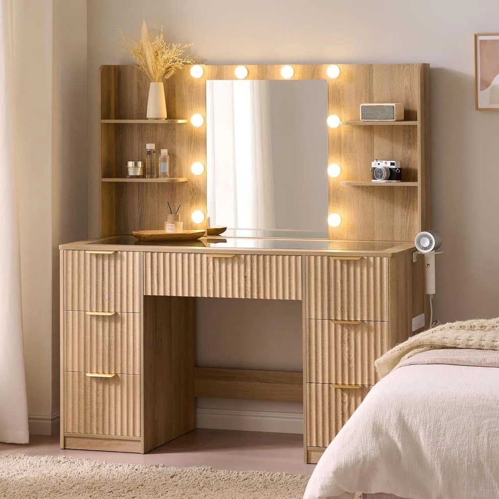 Masuta machiaj 120 cm, Alba sau Maro cu Oglinda LED si 7 Sertare pentru Cosmetice, Set Masa toaleta cu 2 Prize, USB si USB-C, masuta cosmetica,