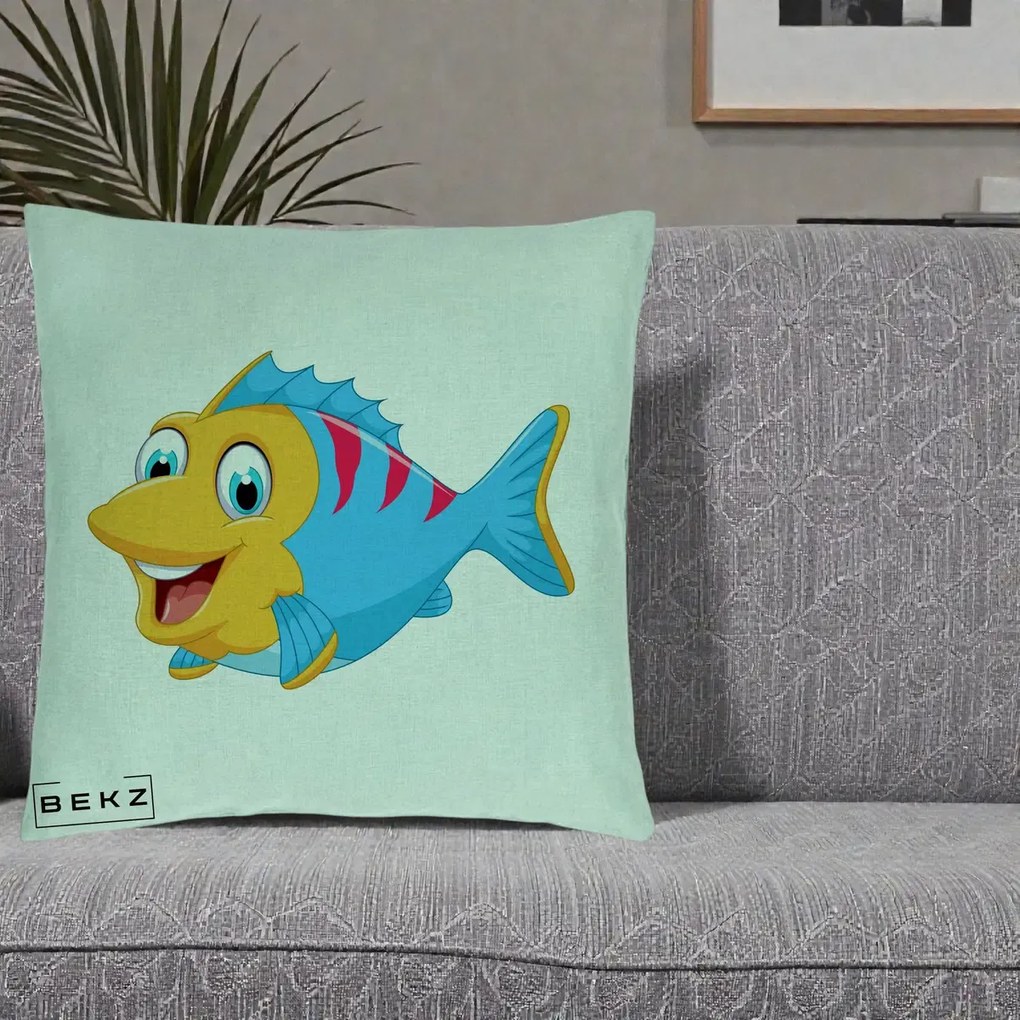 Perna Decorativa Peste Vesel Cartoon, 40x40 cm, Verde Menta, Husa Detasabila, Perna Inclusa, BEKZ®