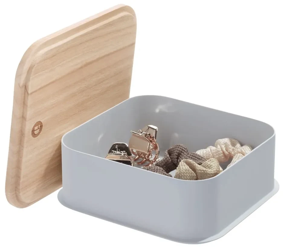 Cutie depozitare cu capac din lemn paulownia iDesign Eco, 21,3 x 21,3 cm, gri