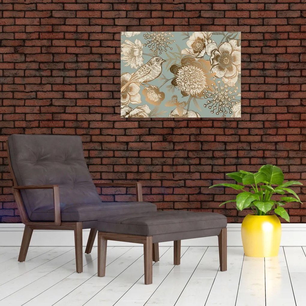 Tablou pe sticlă - Grădină cu o pasăre (70x50 cm)