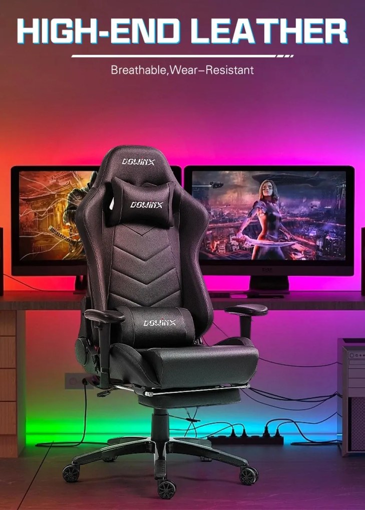 DOWINX Scaun gaming, ergonomic, suport lombar cu masaj, spătar rabatabil 90-180°, cotiere reglabile, suport pentru picioare, rezistent 150 kg, piele PU, Negru