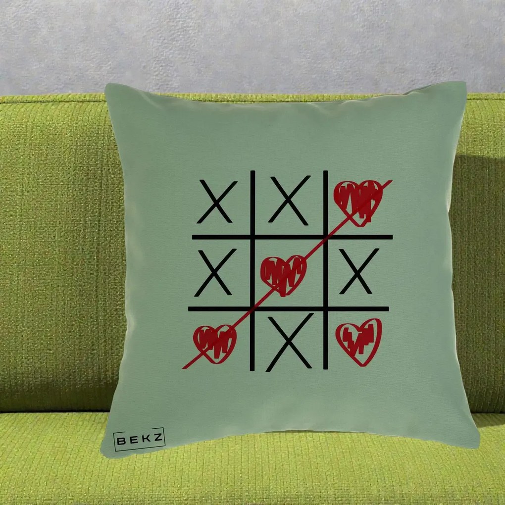 Cadou Romantic - Perna Personalizata Love Joc X si Inima cu Castigator Iubire, 40x40 cm, Verde, Husa Detasabila, Perna Inclusa, BEKZ®