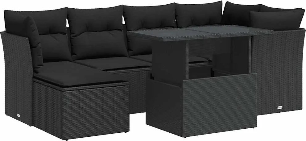 vidaXL Set canapele de grădină cu perne, 7 piese, negru, poliratan