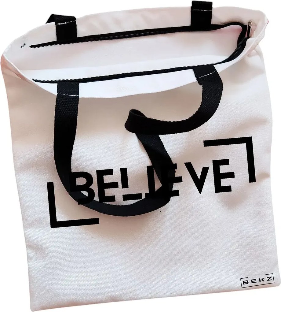 Sacosa de Panza pentru Cumparaturi, Geanta Tote, model Believe, Cu fermoar, 38x34.5 cm, Alba, BEKZ®