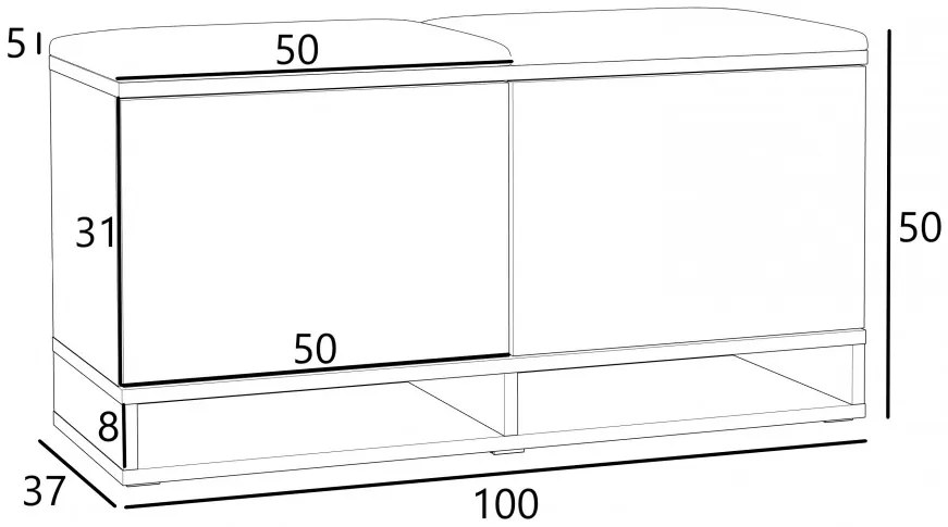 BAA504 - Banca 100x37x50 cm, Pantofar pentru Hol, pantofi, depozitare - Alb-Stejar