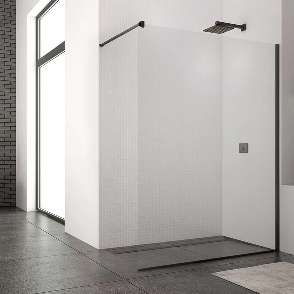 Paravan dus sticla walk-in 100x200 cm cu cadru metalic negru Sanswiss Easy 1000x2000 mm, Negru mat