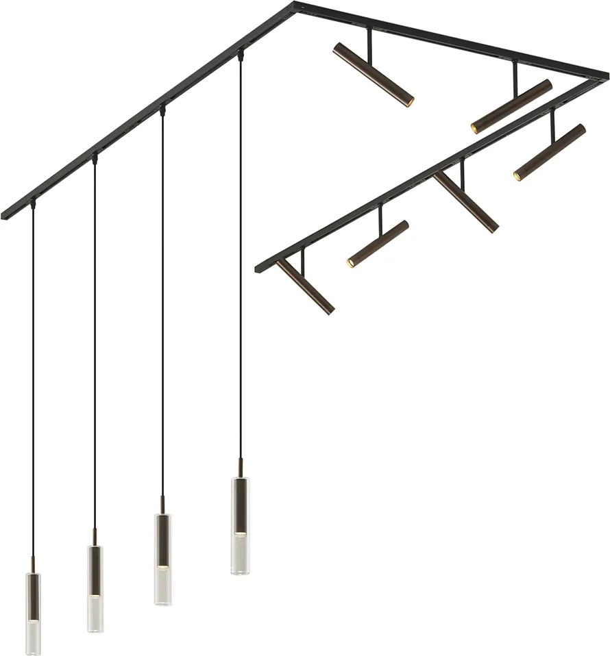 Sistem de iluminat pe șină modern negru cu 6 spoturi și 4 lumini suspendate bronz închis monofazat - Slimline Avery Loyce