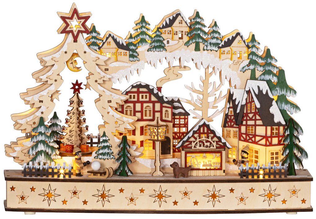 HOMCOM Sat de Crăciun în ținutul de iarnă, 20 LED-uri, multistrat, lemn natural, 45 x 12 x 30 cm | Aosom Romania