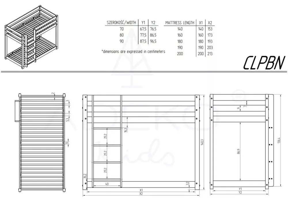 Pat pentru copii în culoare naturală supraetajat/cu extensie suplimentară cu spațiu de depozitare cu somieră 80x160 cm CLPBN – Adeko