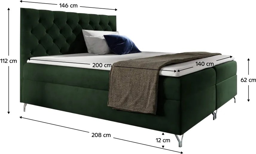 Pat cu boxspring, 140x200, ţesătură verde Velvet, GULIETTE + cadou