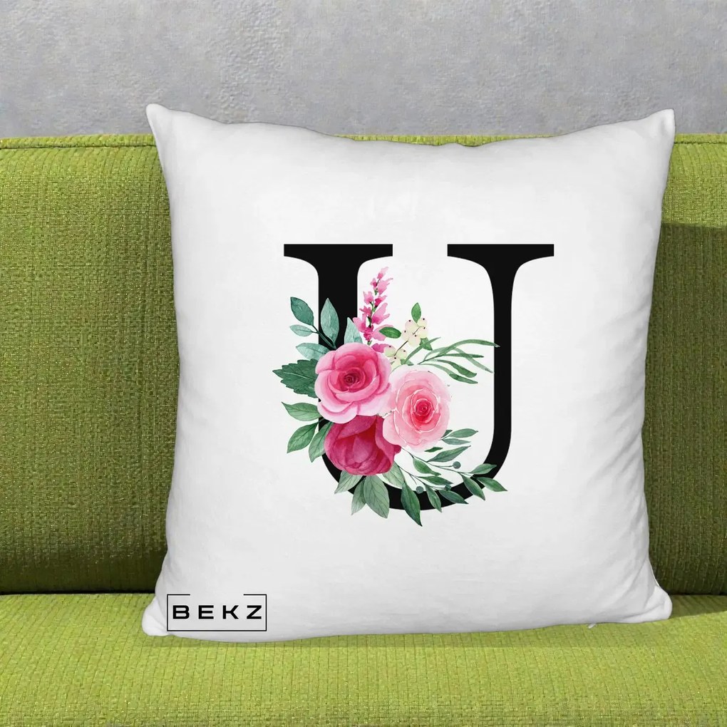 Cadou Personalizat - Perna Personalizata Monograma Florala Litera U, 40x40 cm, Alb Pufos, Husa Detasabila, Perna Inclusa, BEKZ®