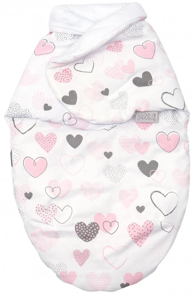 Sistem de infasare Baby swaddle Inimioare Bumbac Alb, Amy, 72x60 cm