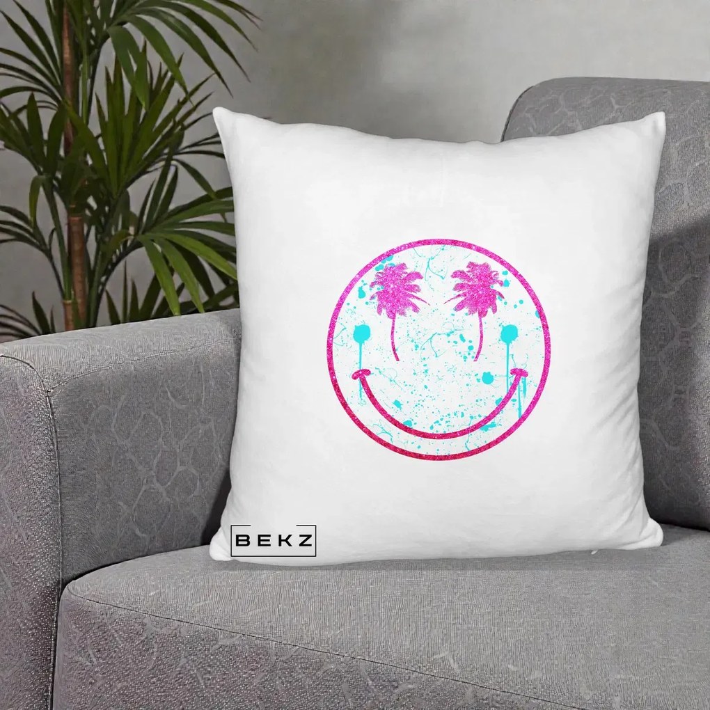 Perna Decorativa Smiley Face Tropical Glitter Roz, 40x40 cm, Alb Pufos, Husa Detasabila, Perna Inclusa, BEKZ®