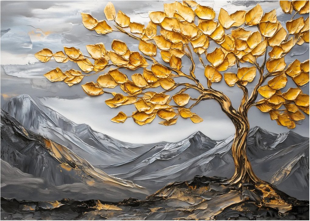 Tablou pe sticlă – Arbore cu frunze aurii (70x50 cm)