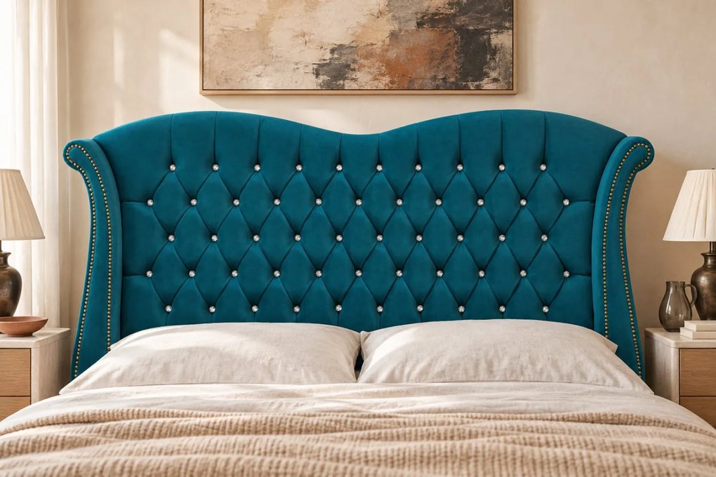 Pat tapițat Chesterfield Avella 140×200 cm, turcoaz, cu ladă de depozitare