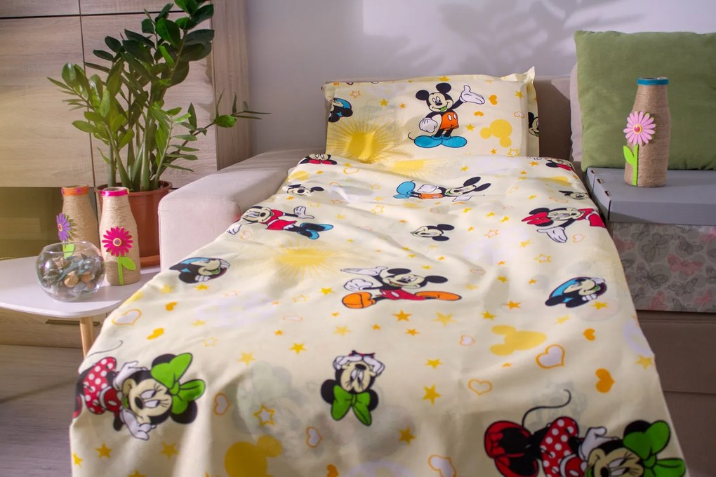 Lenjerie bumbac neted pat 2-8 ani in 3 piese cu Mickey&amp;Minnie pentru saltele 140x70cm - ASC3999
