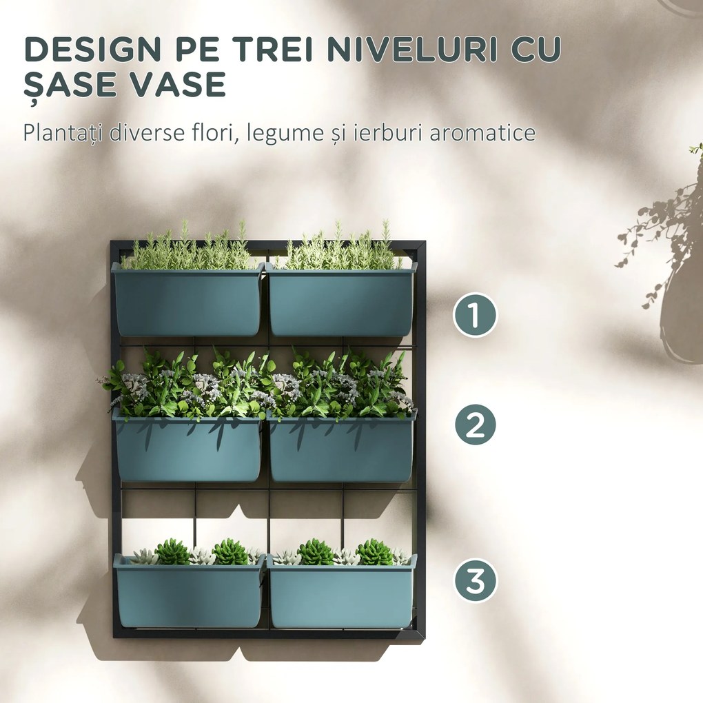 Outsunny Jardiniera de perete pe 3 nivele cu 6 ghivece pentru interior si exterior, Jardiniera cu montare pe perete