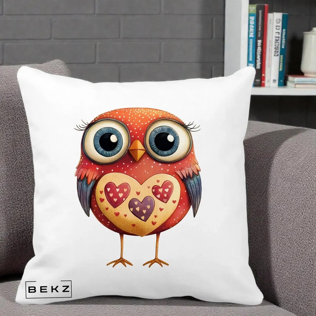 Perna Decorativa Bufnita Rosie cu Inimi Aurii, 40x40 cm, Alba Mata, Husa Detasabila, Perna Inclusa, BEKZ®