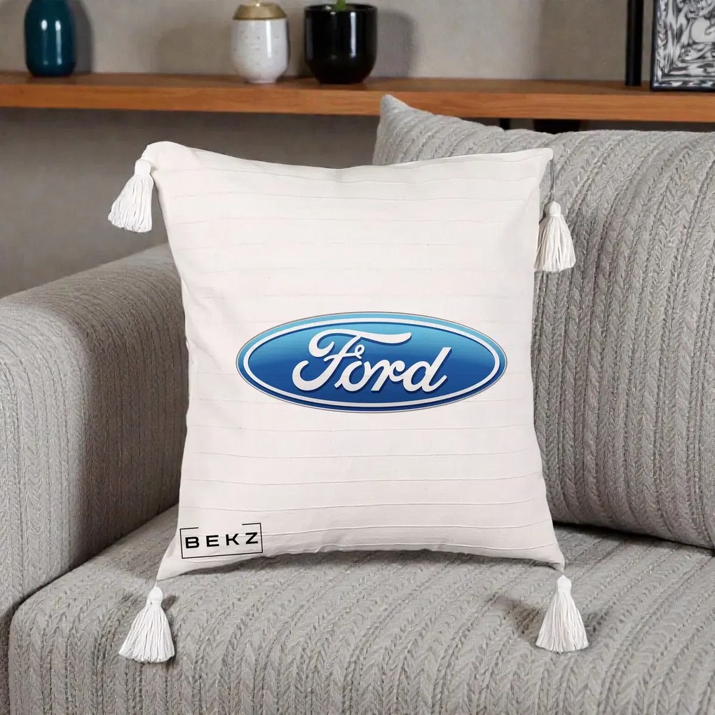 Perna Personalizata cu emblema Ford, 40x40 cm, Bej cu Franjuri, Husa Detasabila, Perna Inclusa, BEKZ®