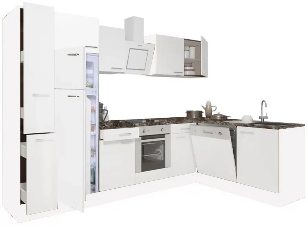 Mobilă de bucătărie de colț Yorki 310, corp alb, față alb satinat, element cuptor inferior, frigider congelator superior