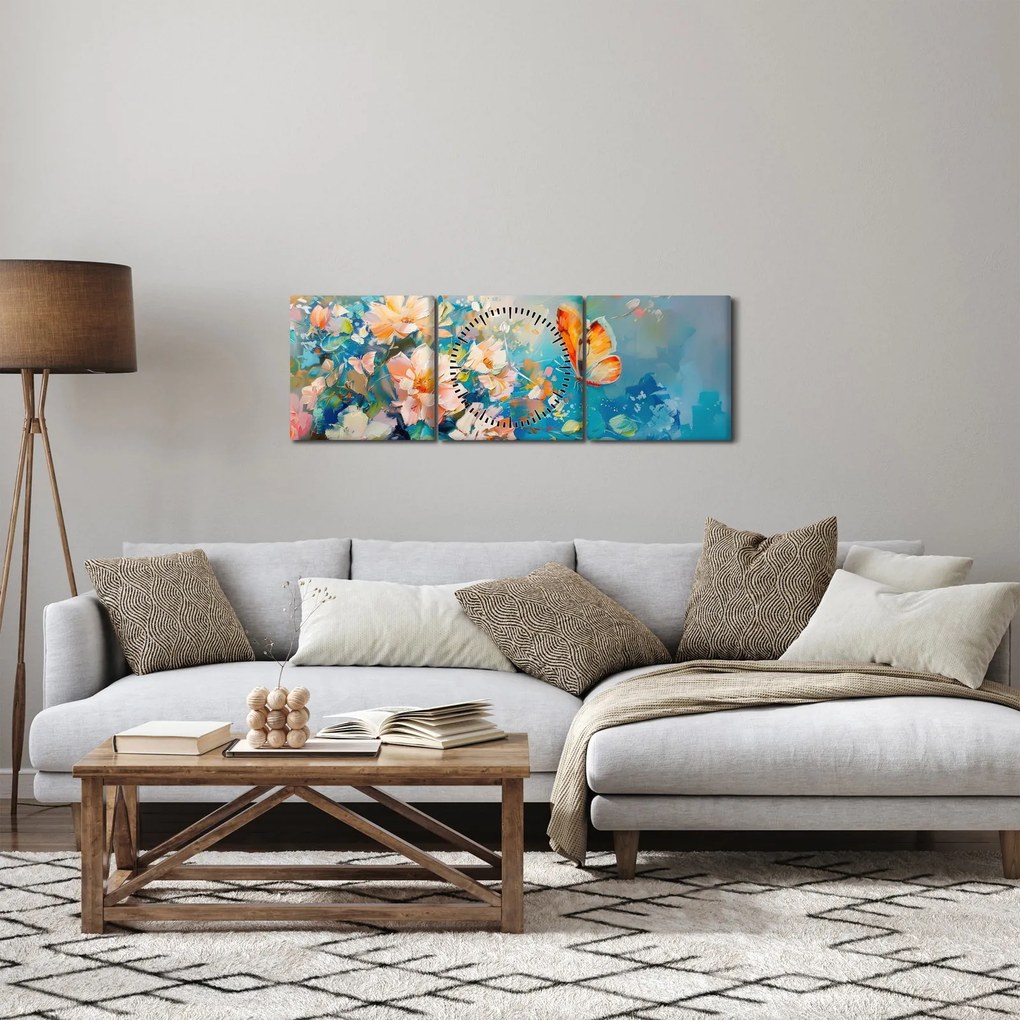 Tablou - Fluture și flori, pictură în ulei II. (cu ceas) (90x30 cm)