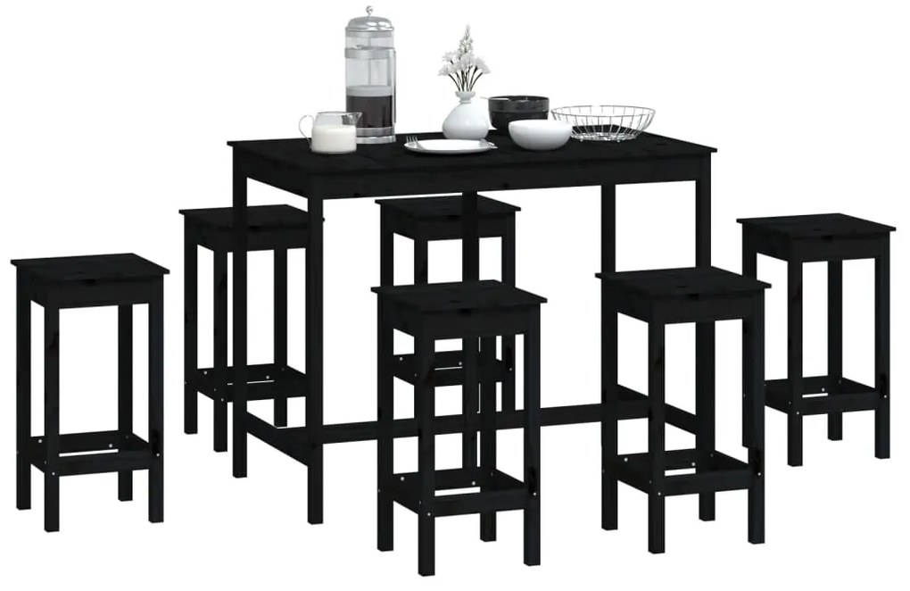 Set mobilier de bar, 7 piese, negru, lemn masiv de pin