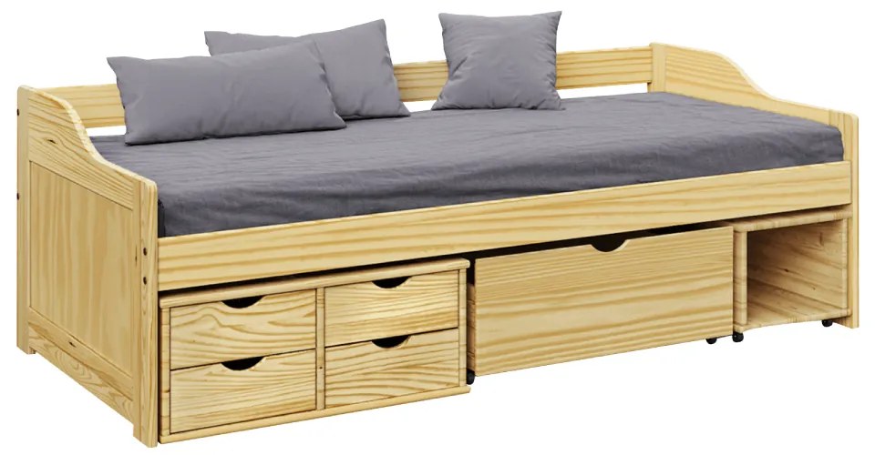 Pat cu spaţiu de depozitare, natural, lemn masiv, 90x200, MAXI NEW