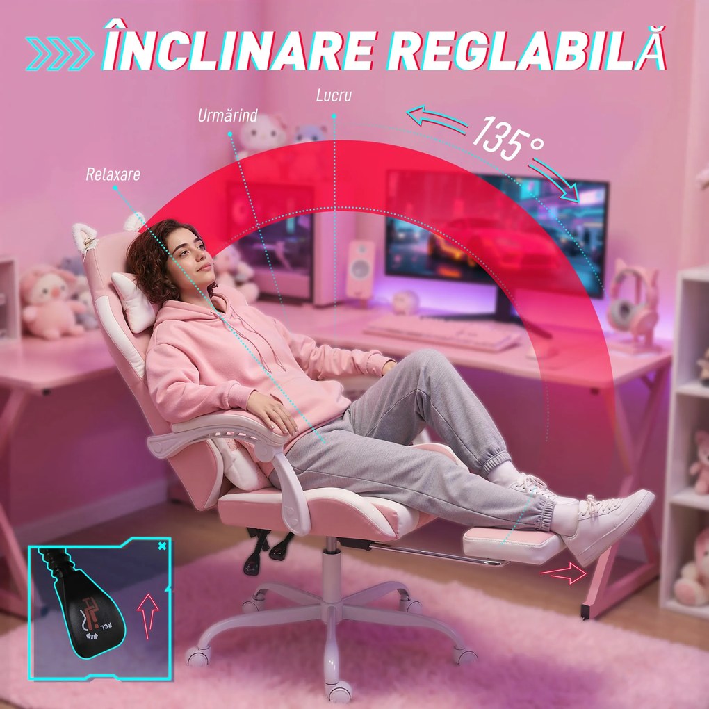 Vinsetto Scaun Gaming Ergonomic cu Urechi de Pisică, Fotoliu Gaming Birou Reclinabil din Piele Eco cu Suport pentru Picioare, Tetieră și Înălțime Reglabilă, Suport Lombar și Cervical, Roz | Aosom Romania